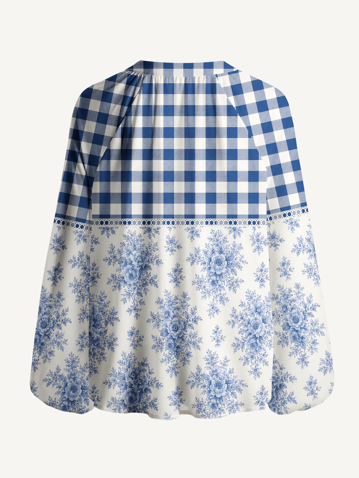 Blue Gingham Rose Toile Boho Long Sleeve Tie‑Neck Blouse