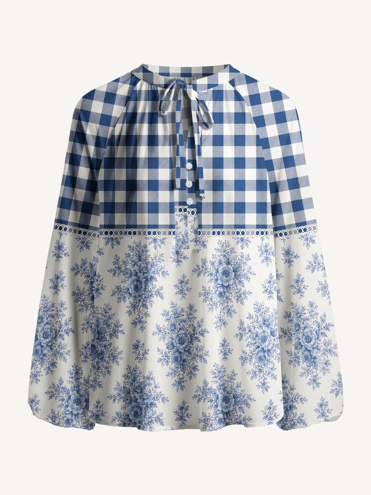 Blue Gingham Rose Toile Boho Long Sleeve Tie‑Neck Blouse