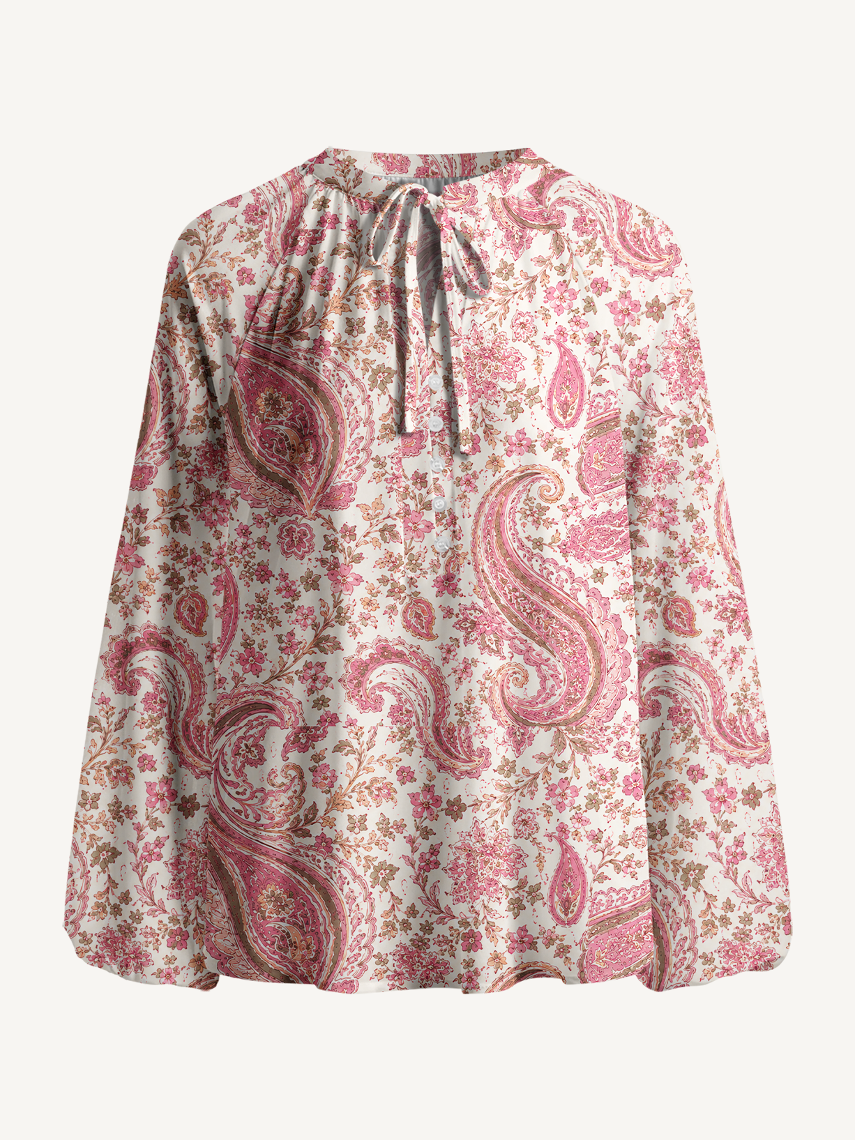 Blossom Pink Paisley Boho Long Sleeve Tie‑Neck Blouse