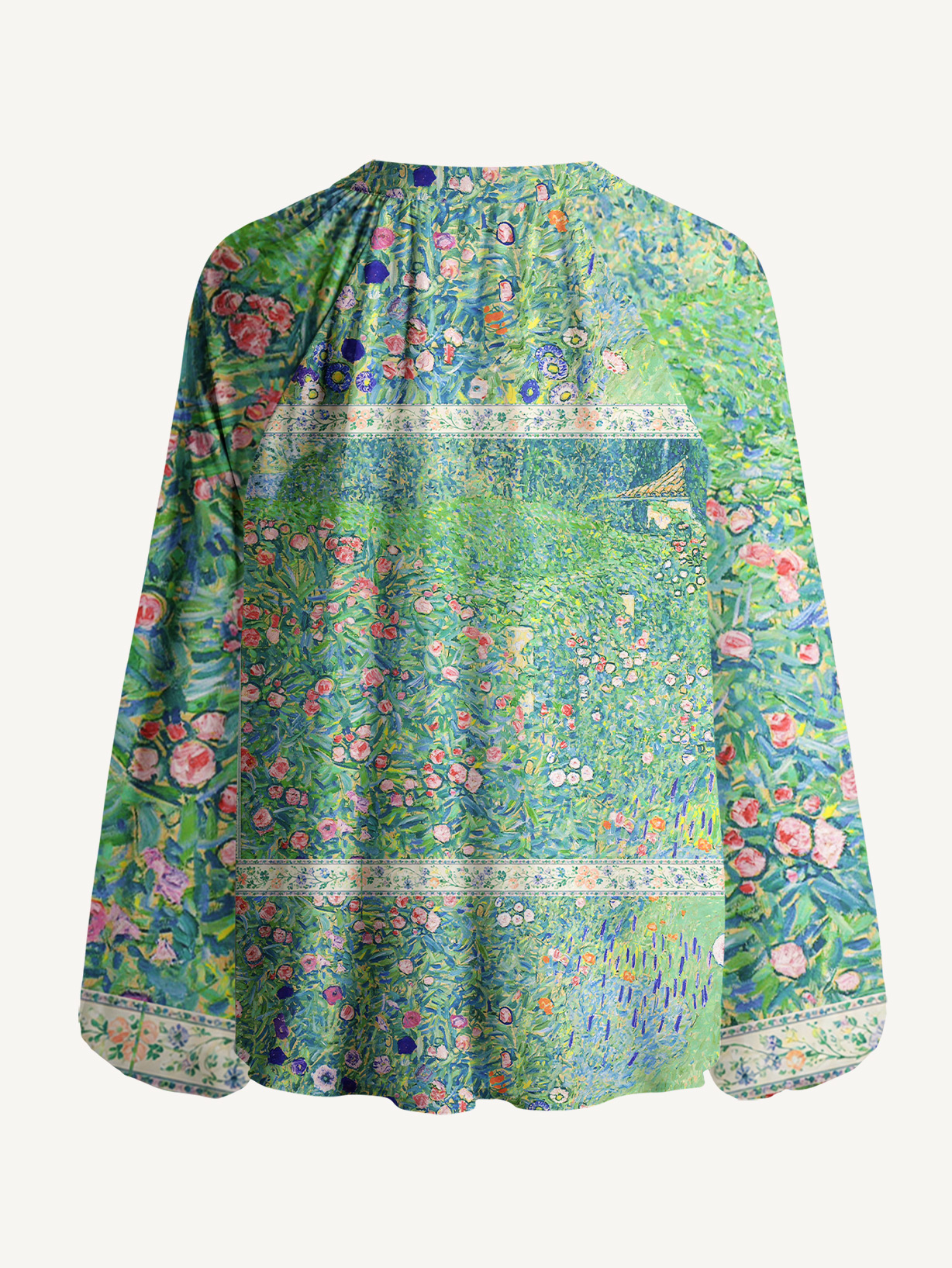 Gustav Klimt Italian Garden Landscape Long Sleeve Tie‑Neck Blouse