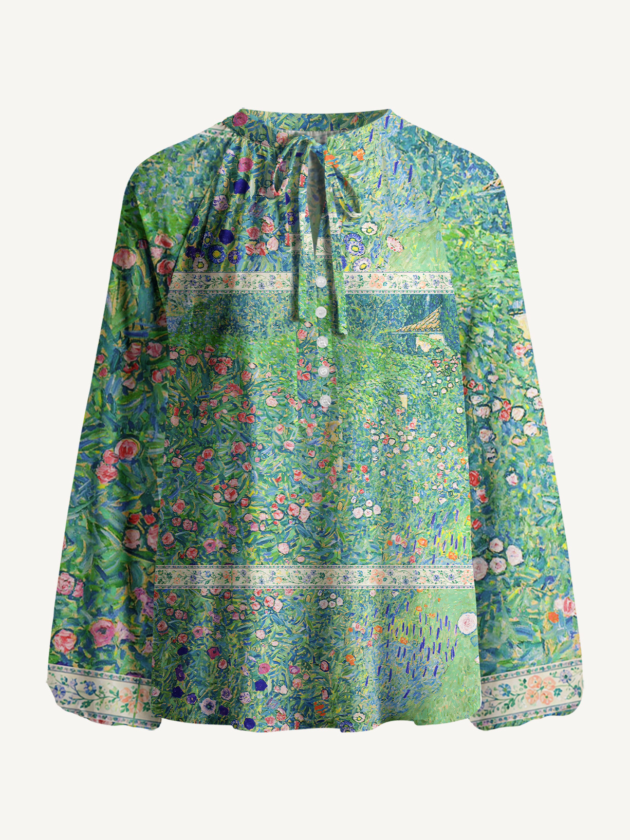 Gustav Klimt Italian Garden Landscape Long Sleeve Tie‑Neck Blouse