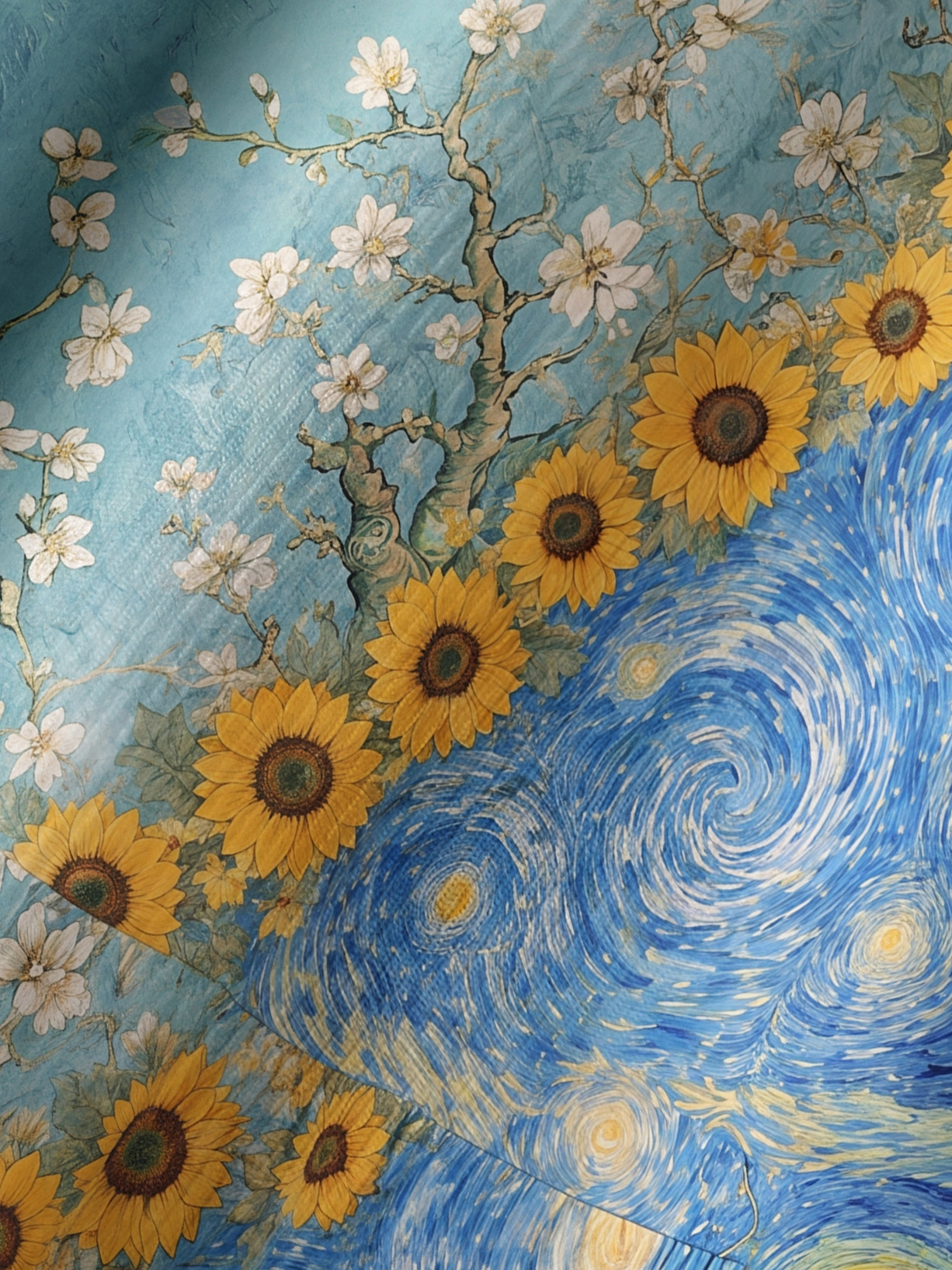 Van Gogh Almond Blossom Starry Night Sunflowers Long Sleeve Tie‑Neck Blouse