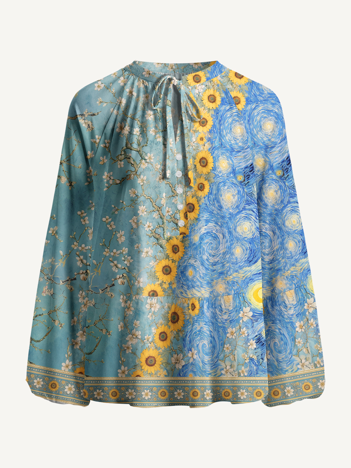 Van Gogh Almond Blossom Starry Night Sunflowers Long Sleeve Tie‑Neck Blouse