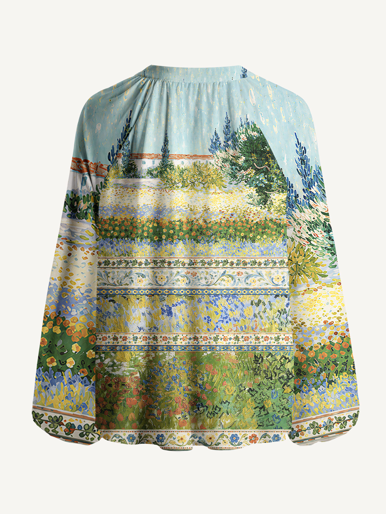 Van Gogh Garden with Flowers Long Sleeve Tie‑Neck Blouse