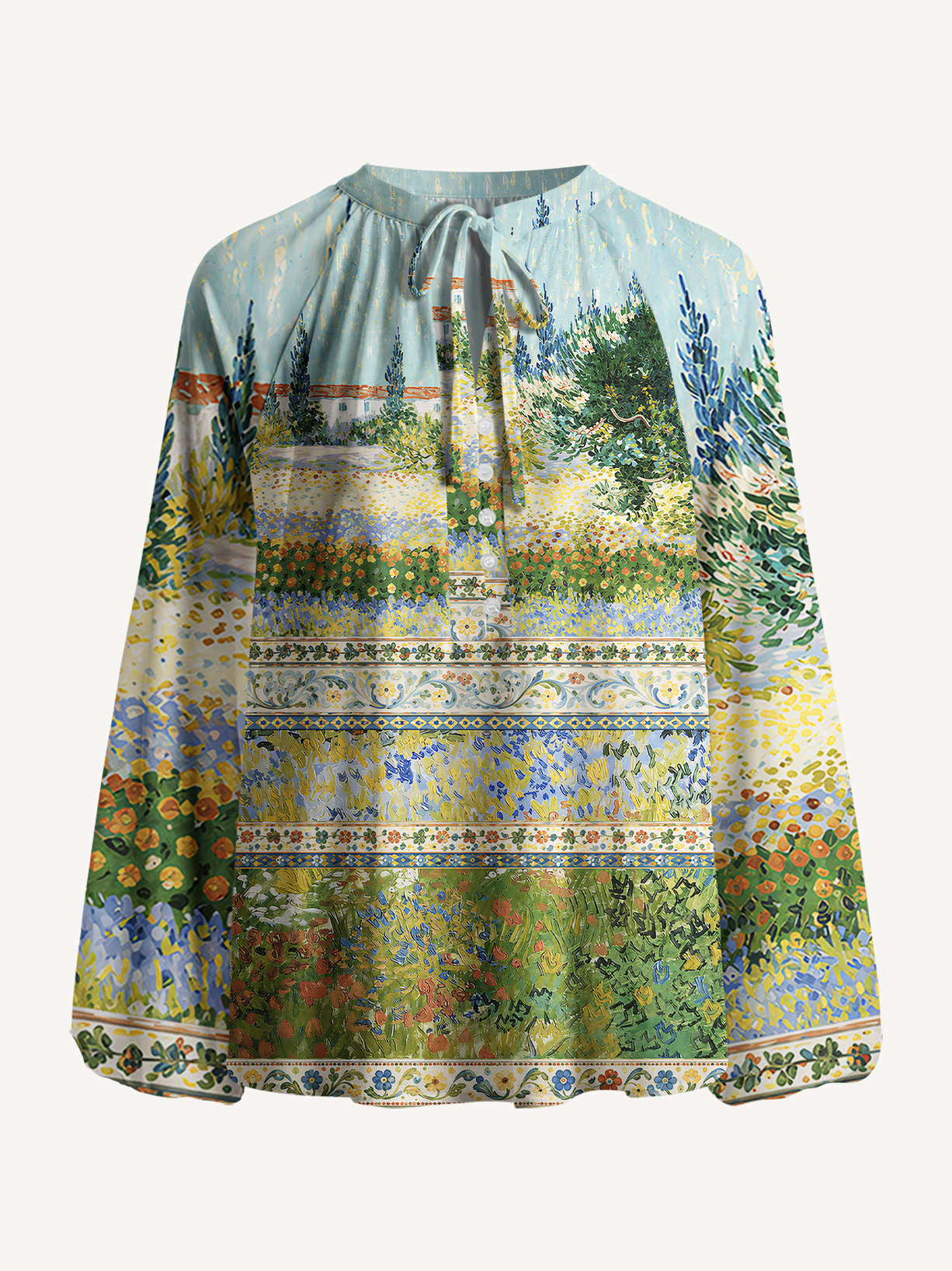 Van Gogh Garden with Flowers Long Sleeve Tie‑Neck Blouse