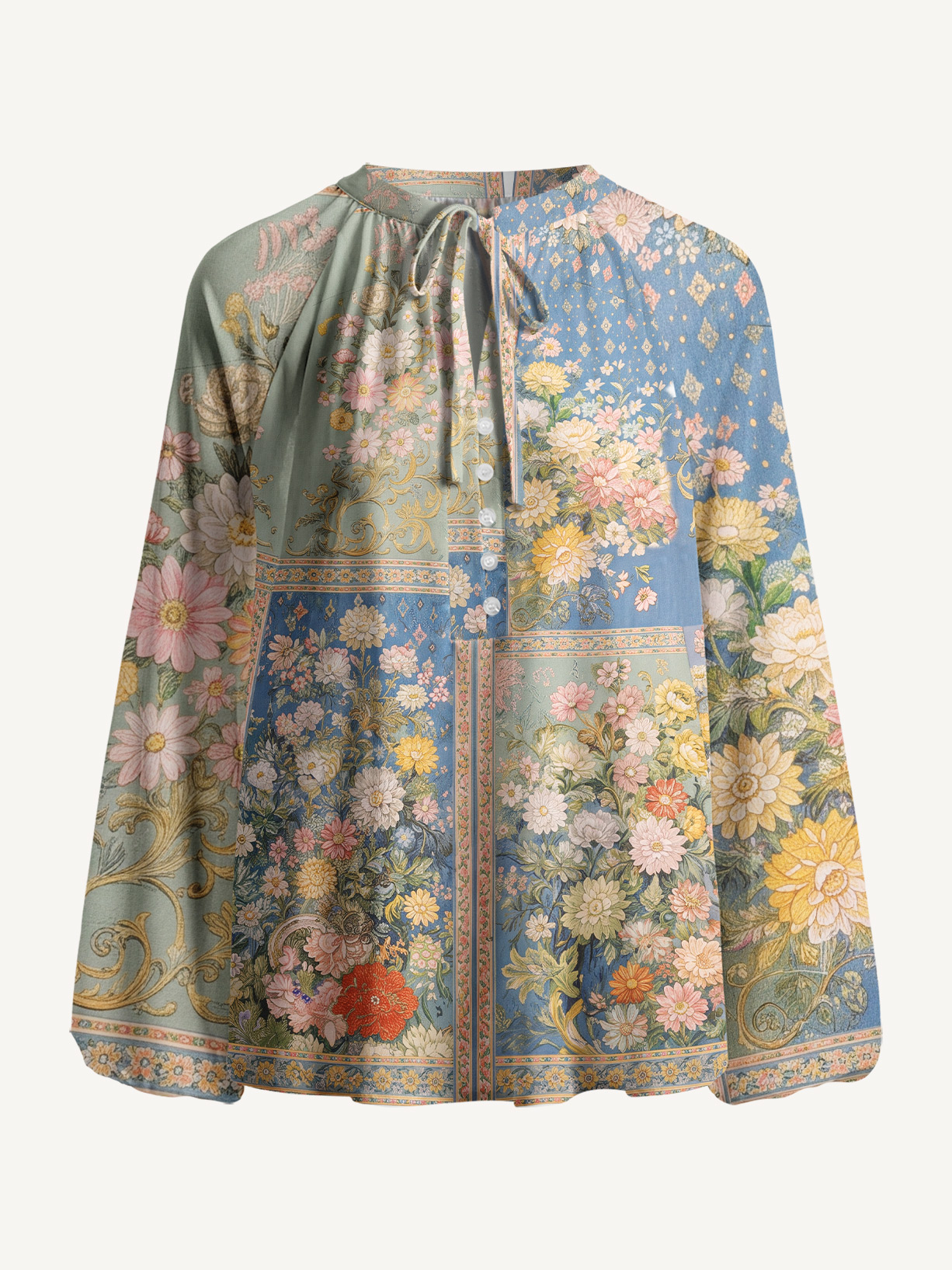 Van Gogh Bouquet of Flowers in a Vase Long Sleeve Tie‑Neck Blouse