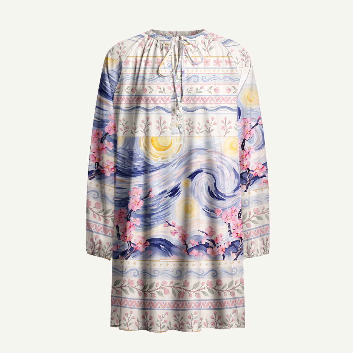Starry Night Cherry Blossom Swirl Long Sleeve Women Mini Dress