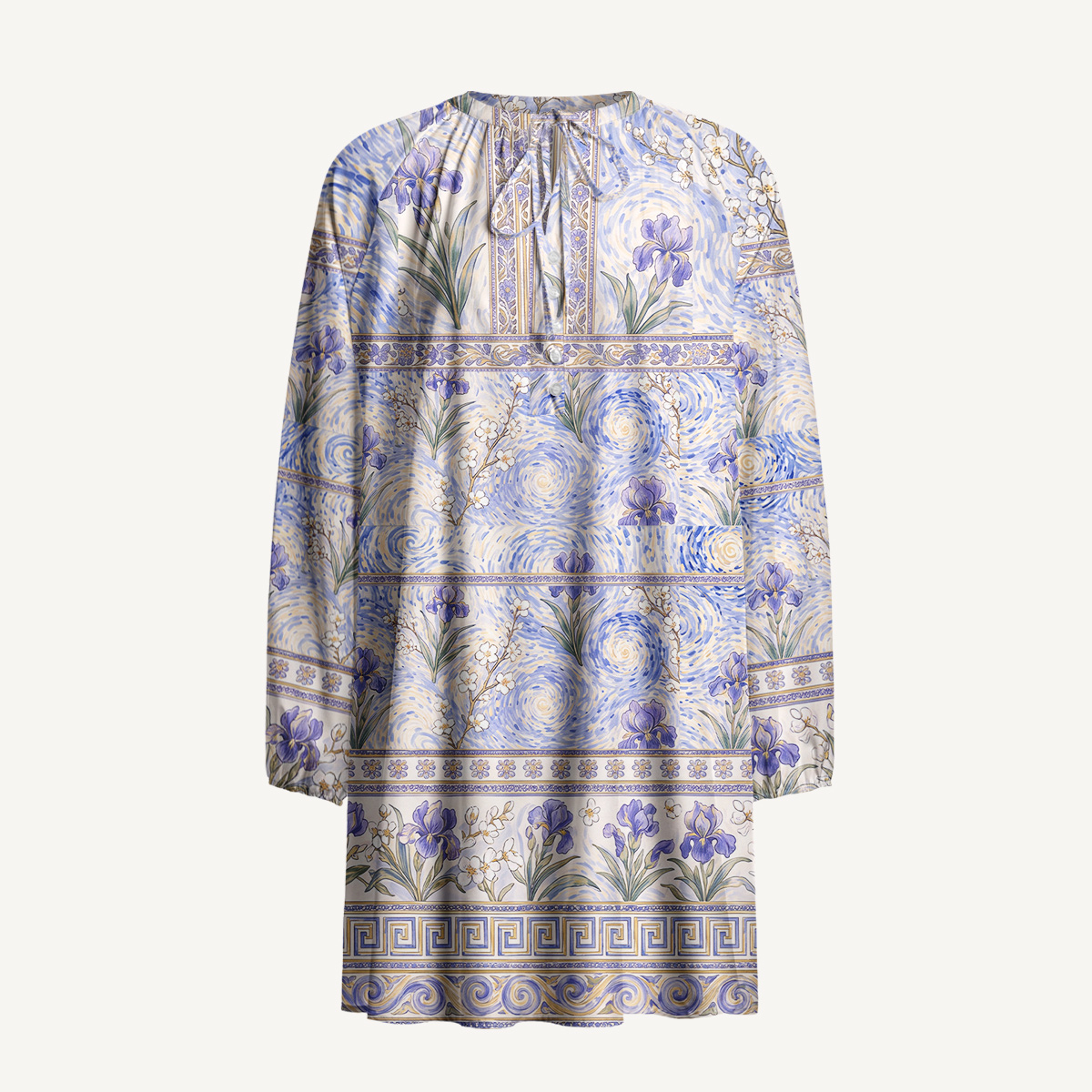 Starry Night Iris Flower Long Sleeve Mini Dress