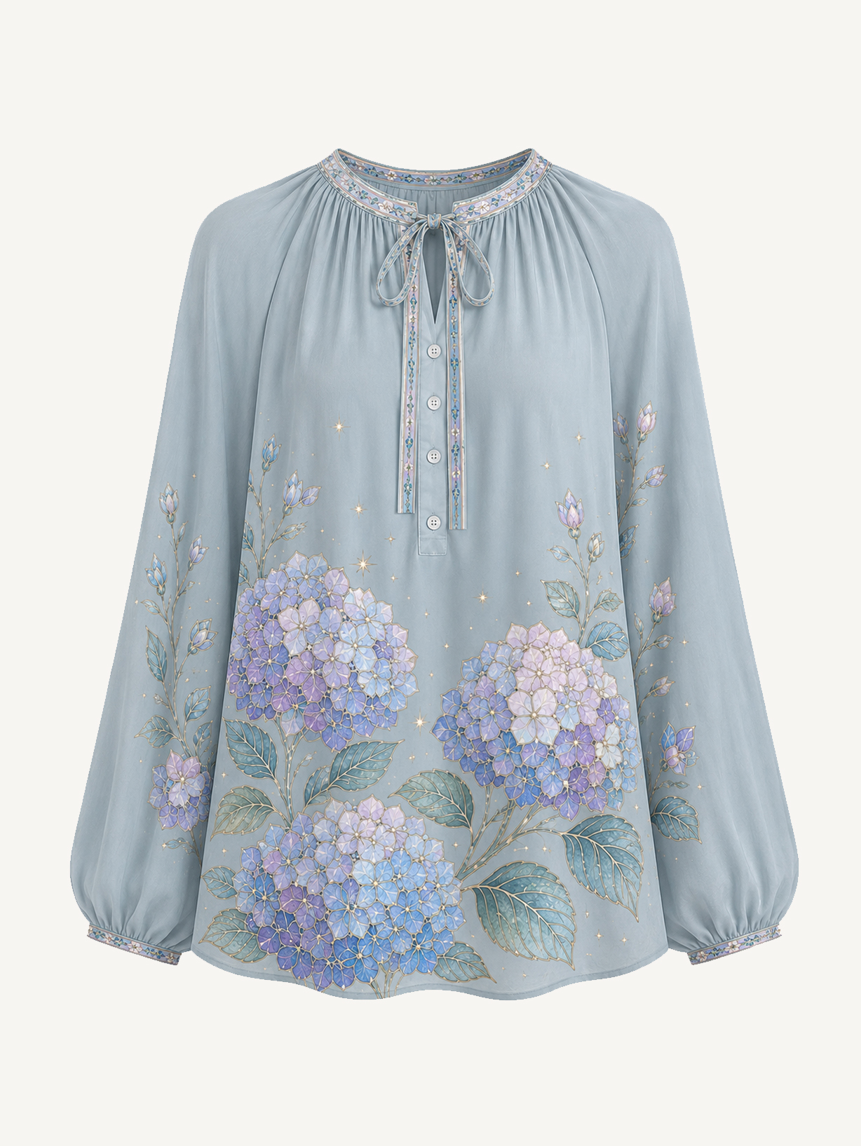 Hydrangea Floral Boho Long Sleeve Tie‑Neck Blouse