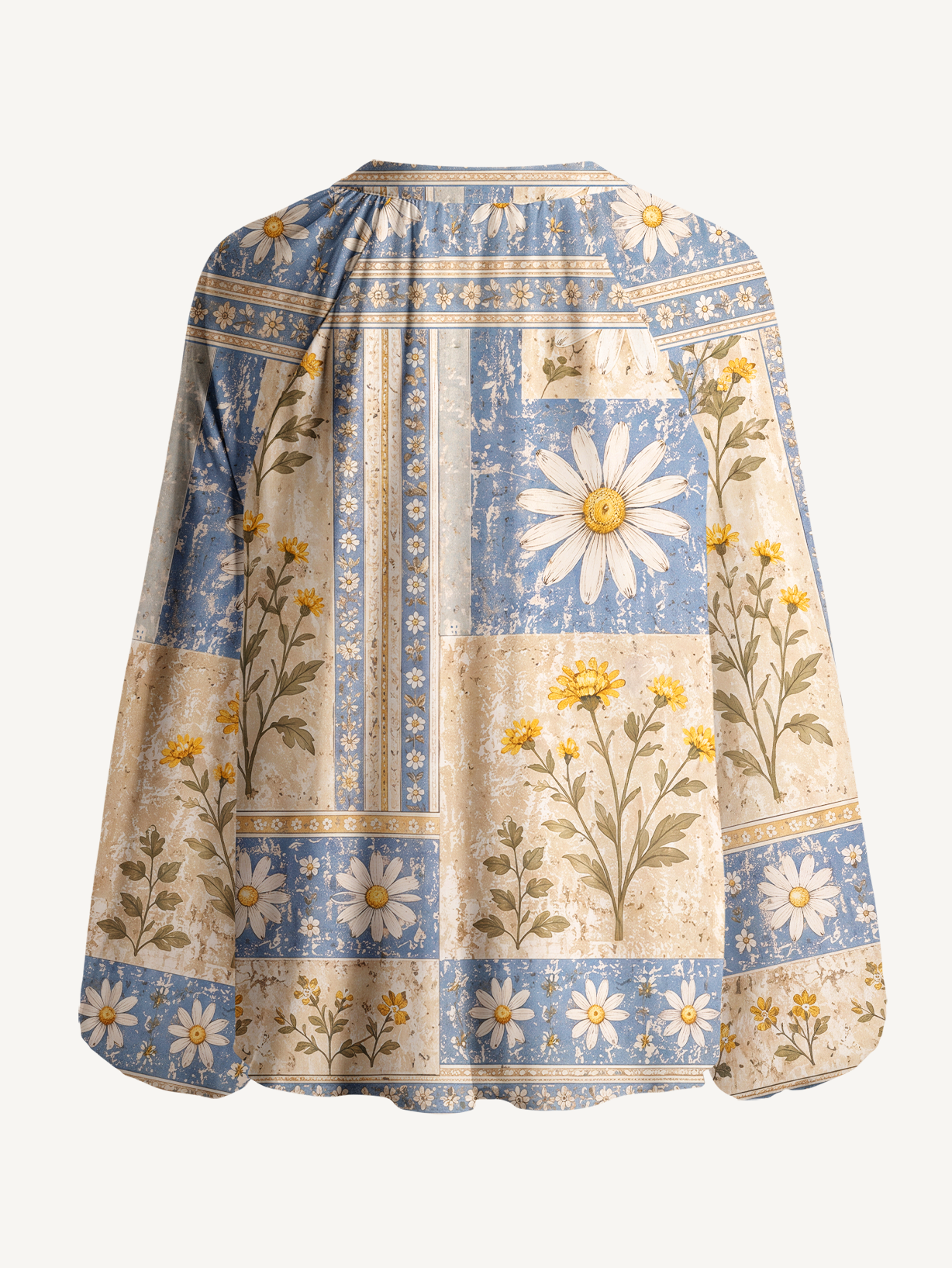 Rustic Daisy Patchwork Boho Long Sleeve Tie‑Neck Blouse