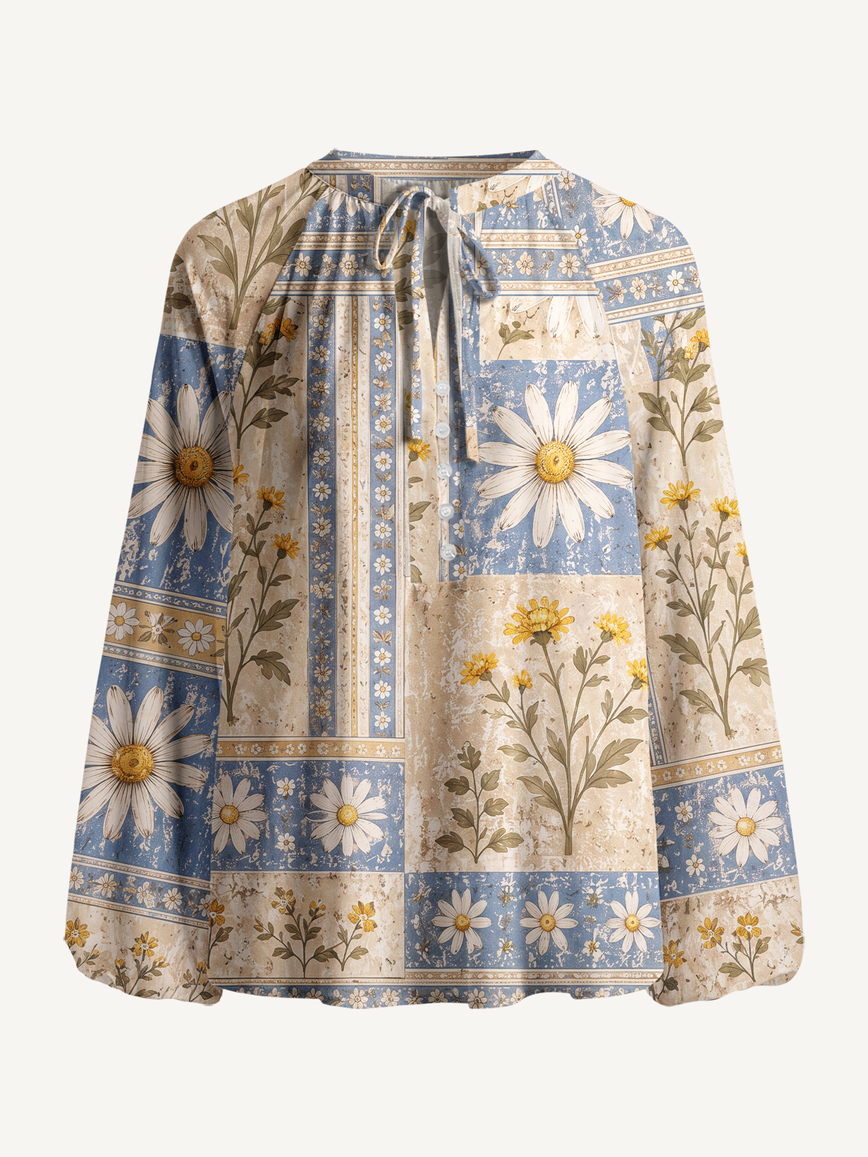 Rustic Daisy Patchwork Boho Long Sleeve Tie‑Neck Blouse