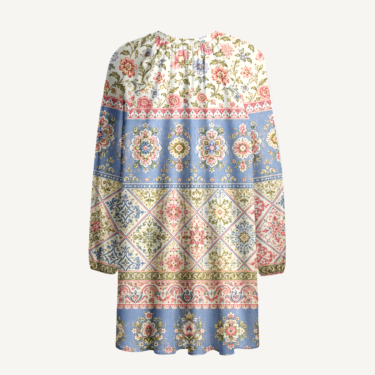 Victorian Floral Patchwork Stripes Boho Long Sleeve Mini Dress