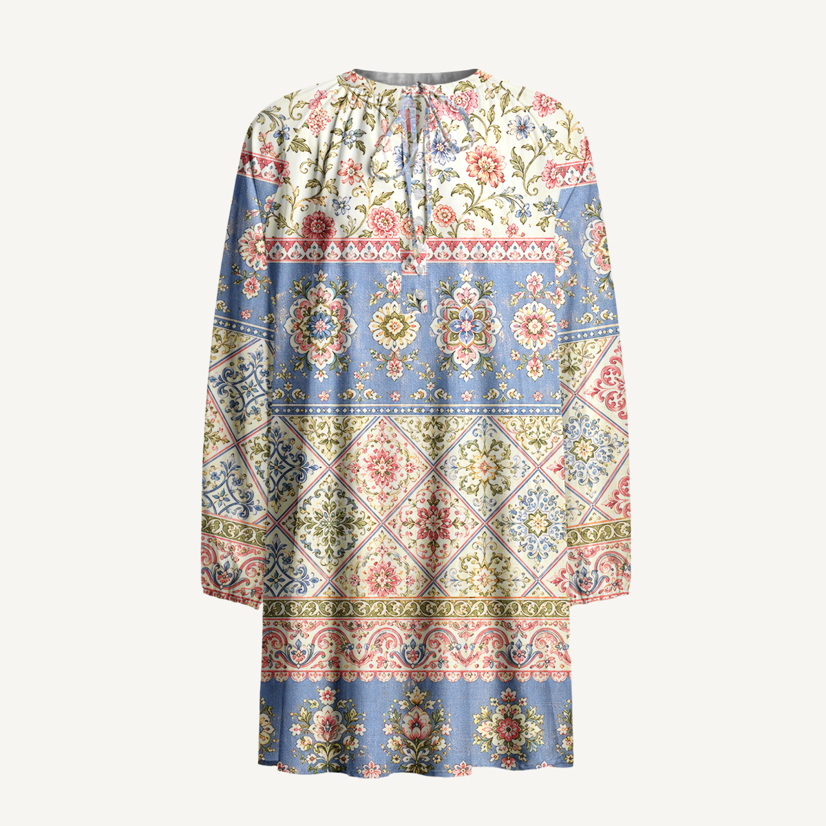 Victorian Floral Patchwork Stripes Boho Long Sleeve Mini Dress