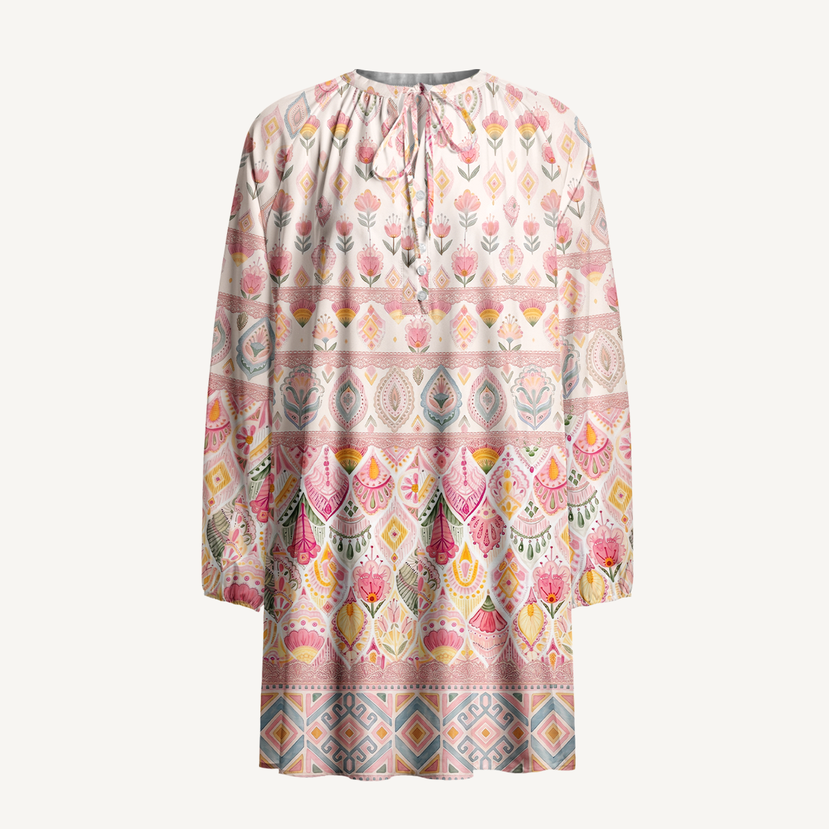 Pastel Boho Floral Layers Boho Long Sleeve Mini Dress