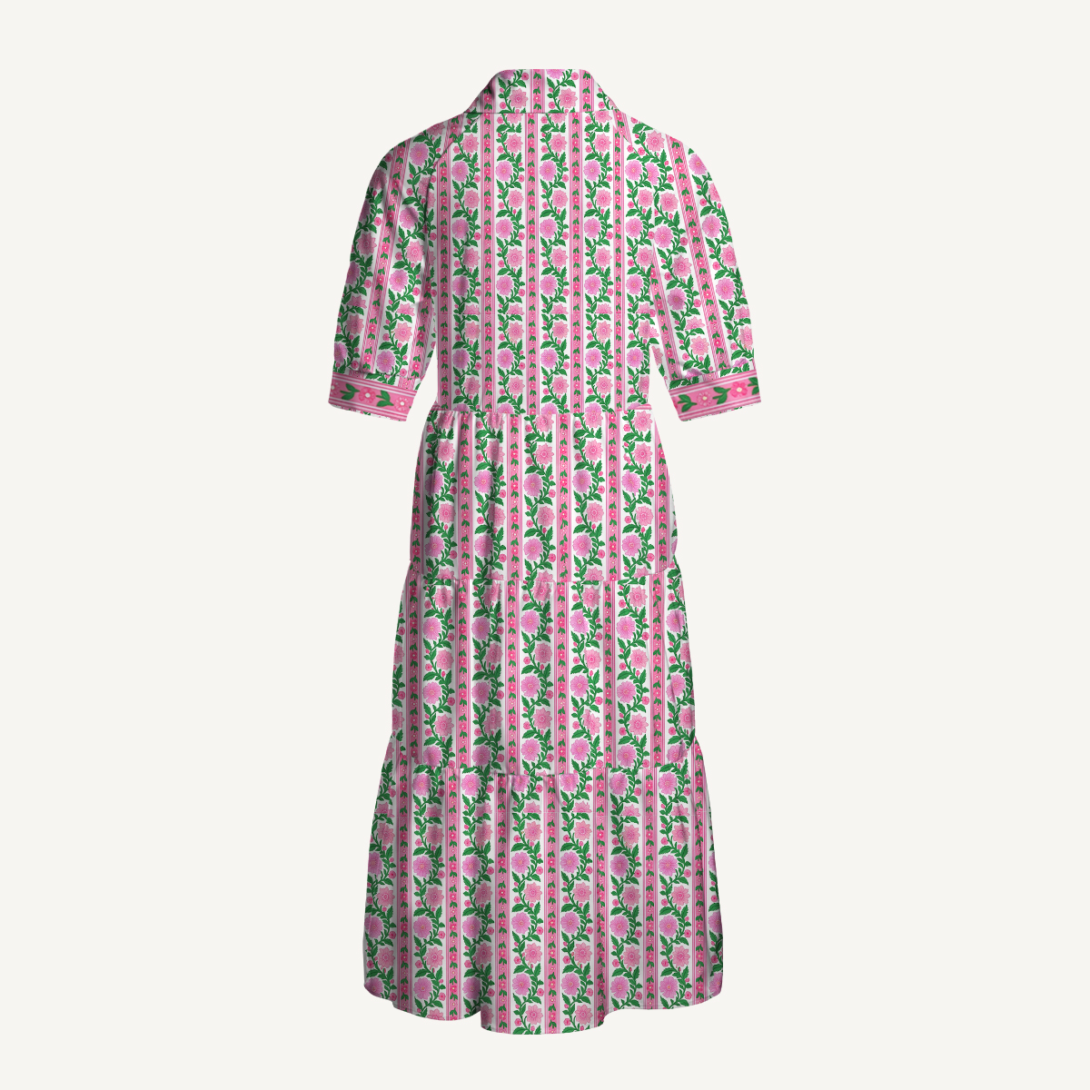 Pink Vine Floral Stripe Boho Elbow-Length Sleeve Midi Dress