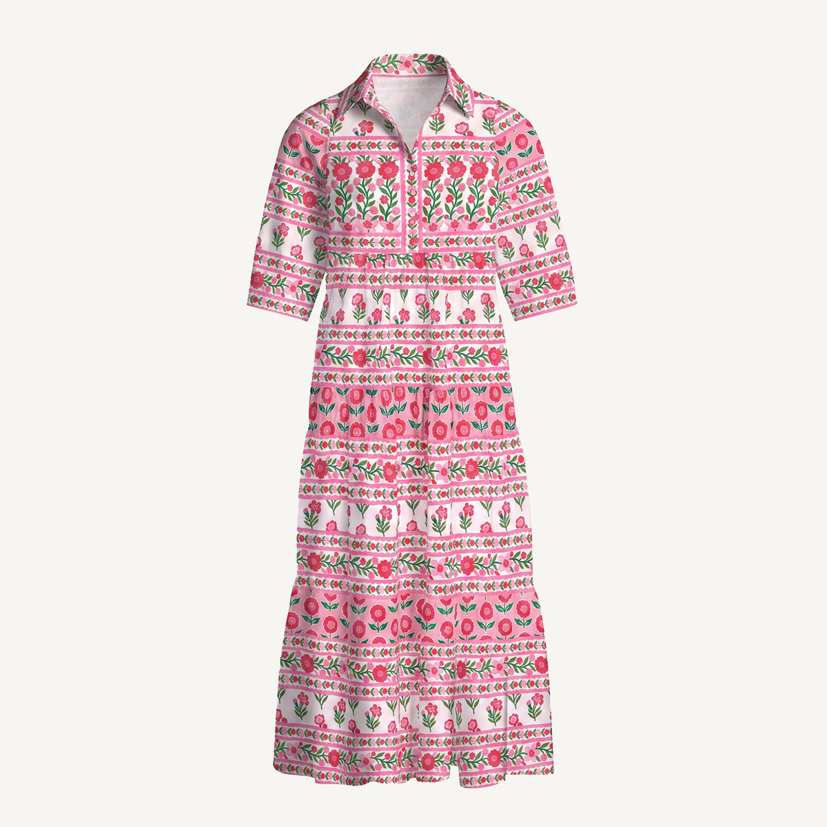 Rose Garden Stripe Floral Boho Elbow-Length Sleeve Midi Dress