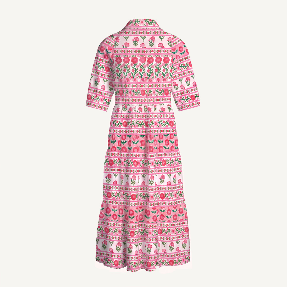 Rose Garden Stripe Floral Boho Elbow-Length Sleeve Midi Dress