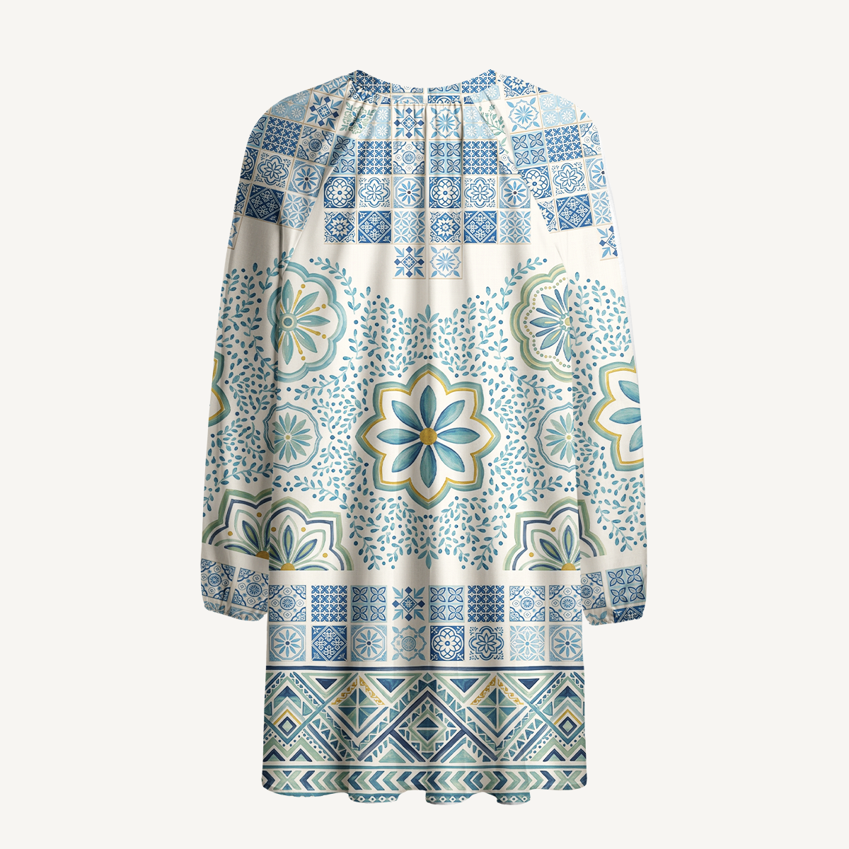 Mediterranean Mosaic Blooms Boho Long Sleeve Mini Dress