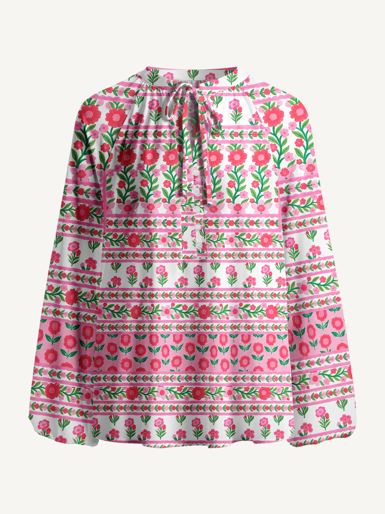 Rose Garden Stripe Floral Boho Long Sleeve Tie‑Neck Blouse