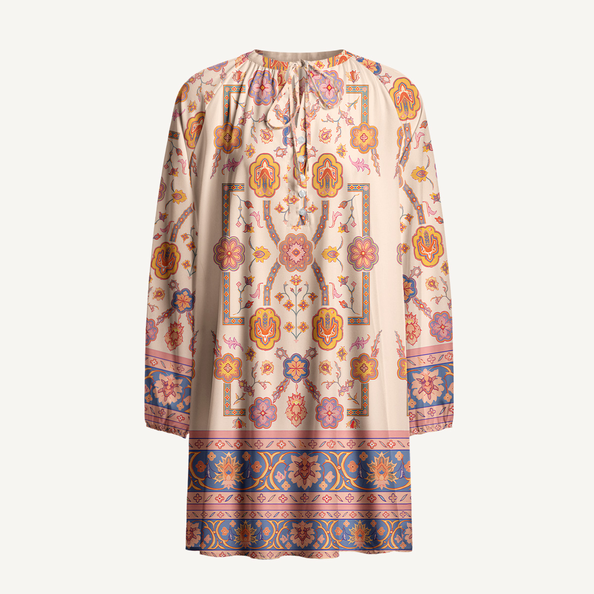 Boho Inspired Symmetrical Floral Long Sleeve Mini Dress