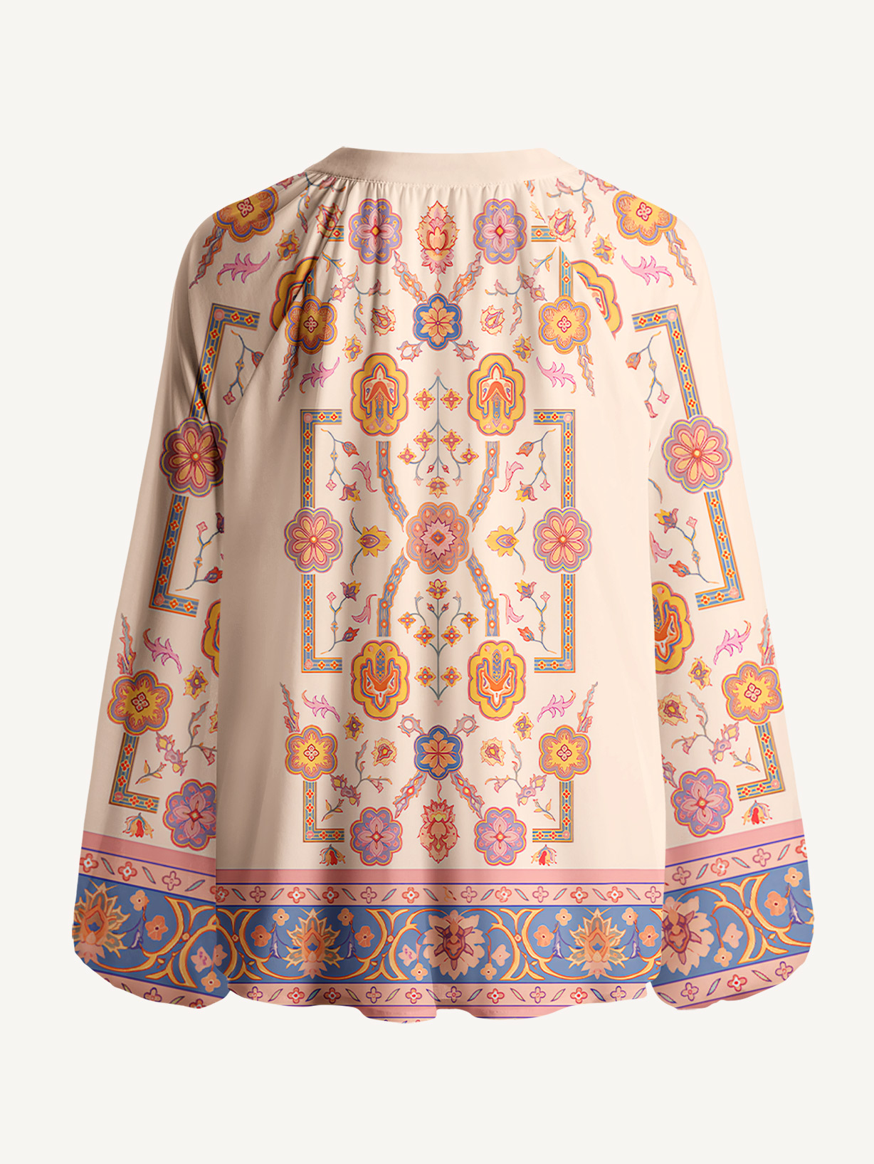 Boho Inspired Symmetrical Floral Long Sleeve Tie‑Neck Blouse