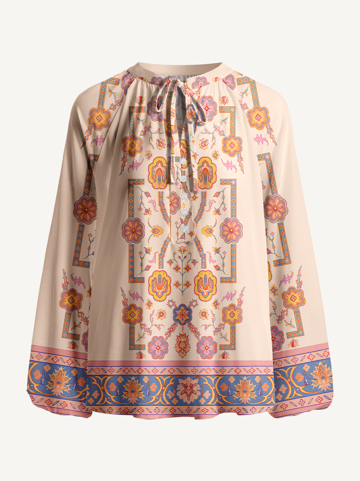 Boho Inspired Symmetrical Floral Long Sleeve Tie‑Neck Blouse