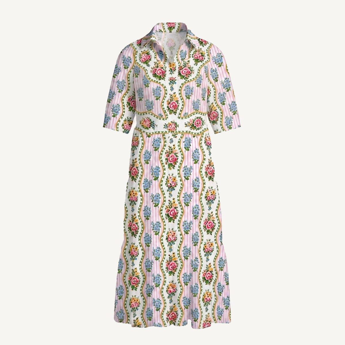 Pastel Floral Vine Border Print Boho Elbow-Length Sleeve Midi Dress