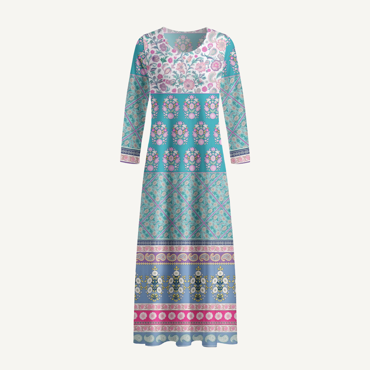 Pink Rose and Geometric Border Long Sleeve Maxi Dress with Pockets