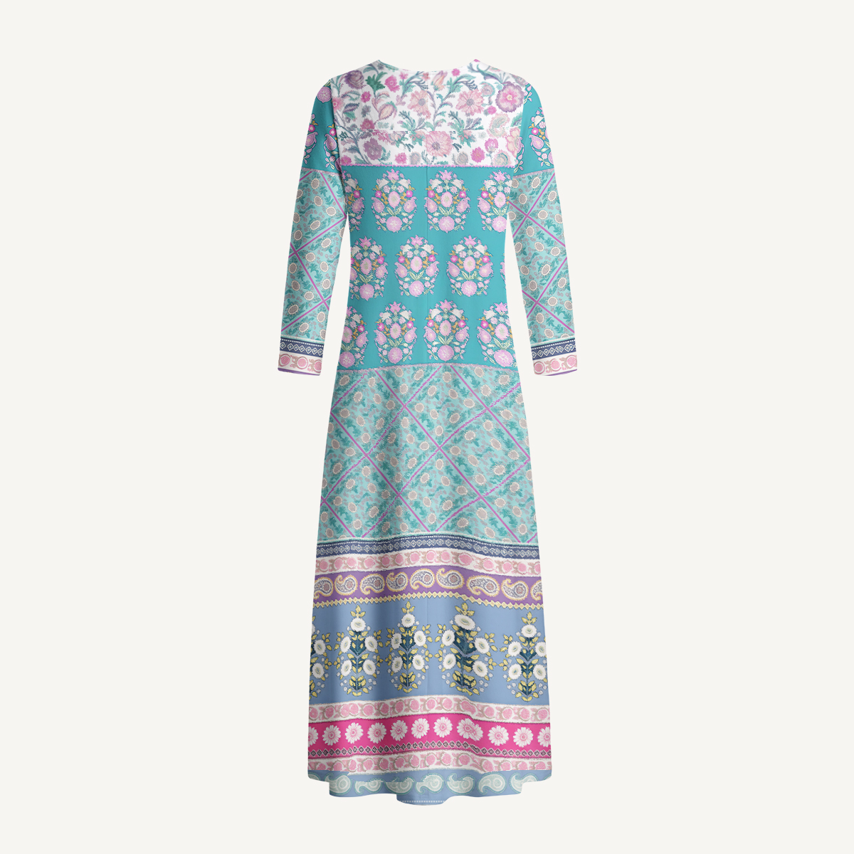 Pink Rose and Geometric Border Long Sleeve Maxi Dress with Pockets