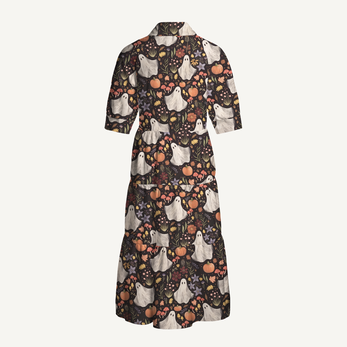 Midnight Pumpkin Ghost Garden Halloween Elbow-Length Sleeve Midi Dress