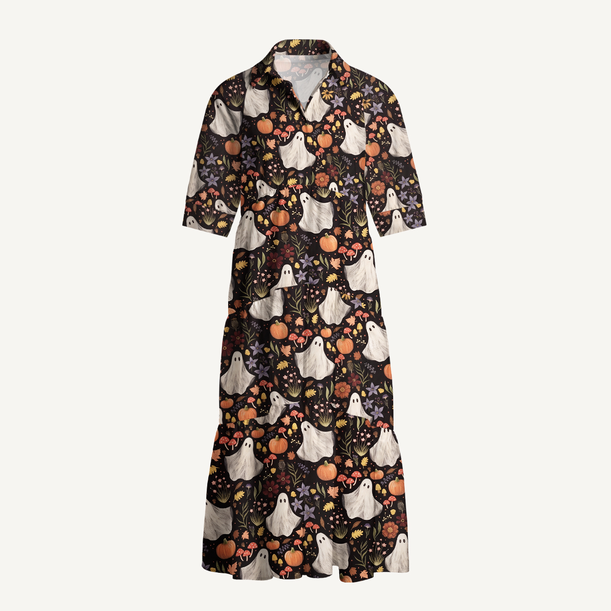 Midnight Pumpkin Ghost Garden Halloween Elbow-Length Sleeve Midi Dress