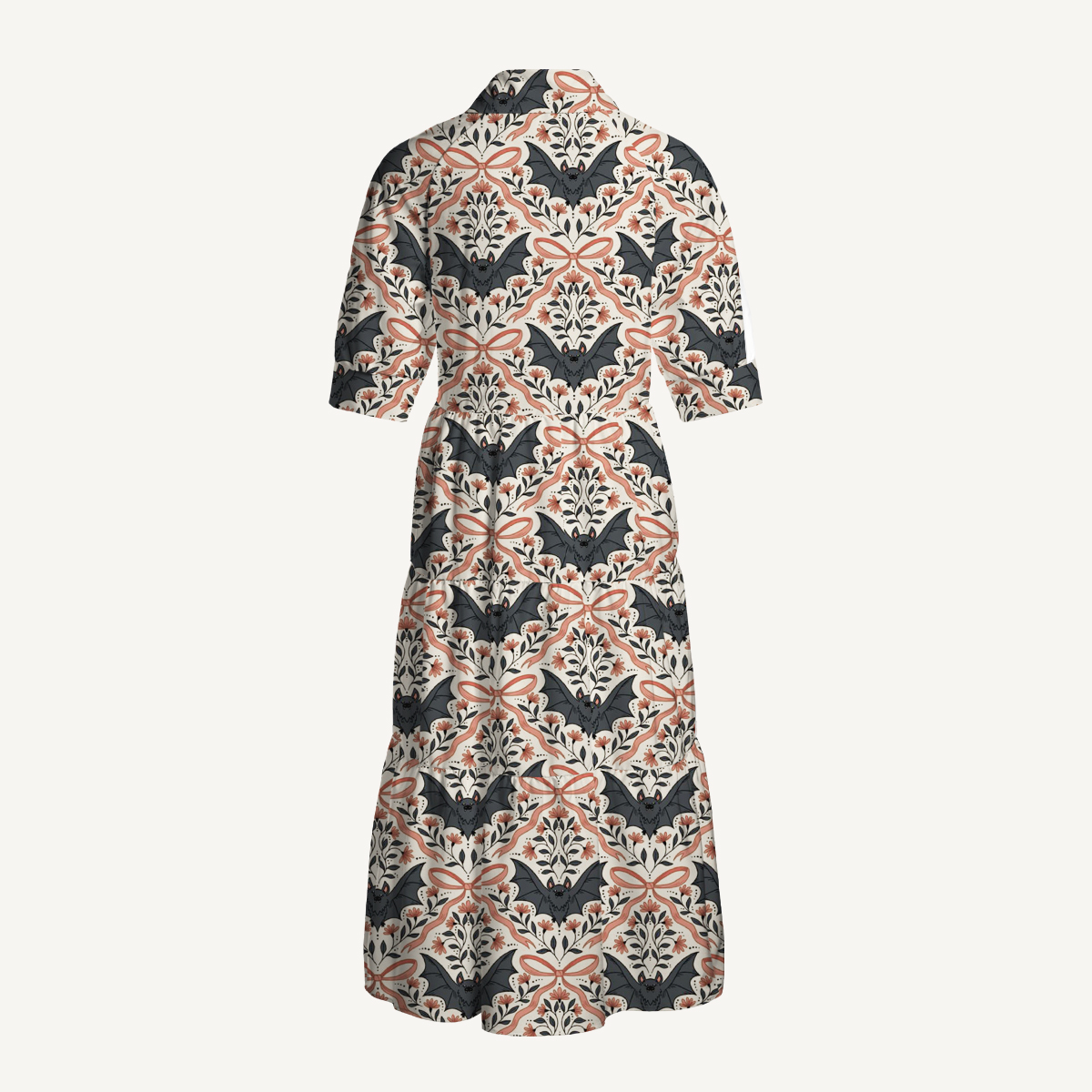 Vintage Bat Vine Halloween Boho Elbow-Length Sleeve Midi Dress