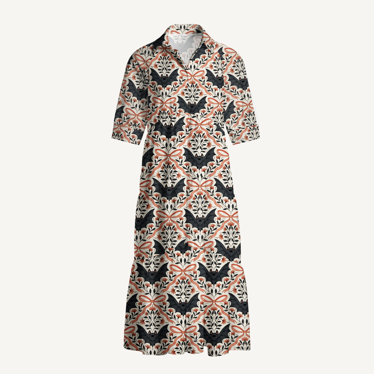 Vintage Bat Vine Halloween Boho Elbow-Length Sleeve Midi Dress