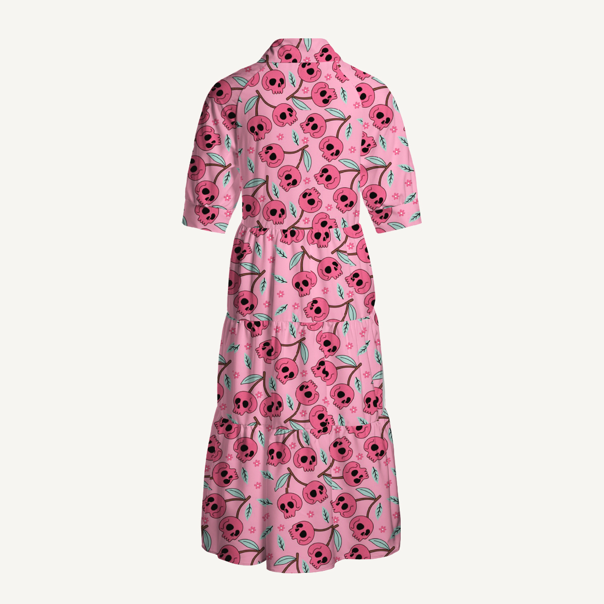 Pink Skull Blossom Halloween Elbow-Length Sleeve Midi Dress