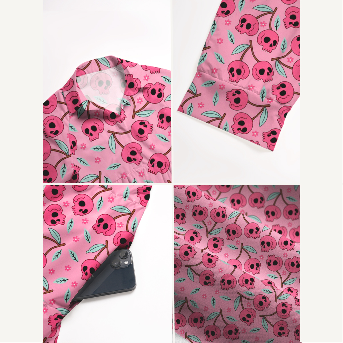 Pink Skull Blossom Halloween Elbow-Length Sleeve Midi Dress