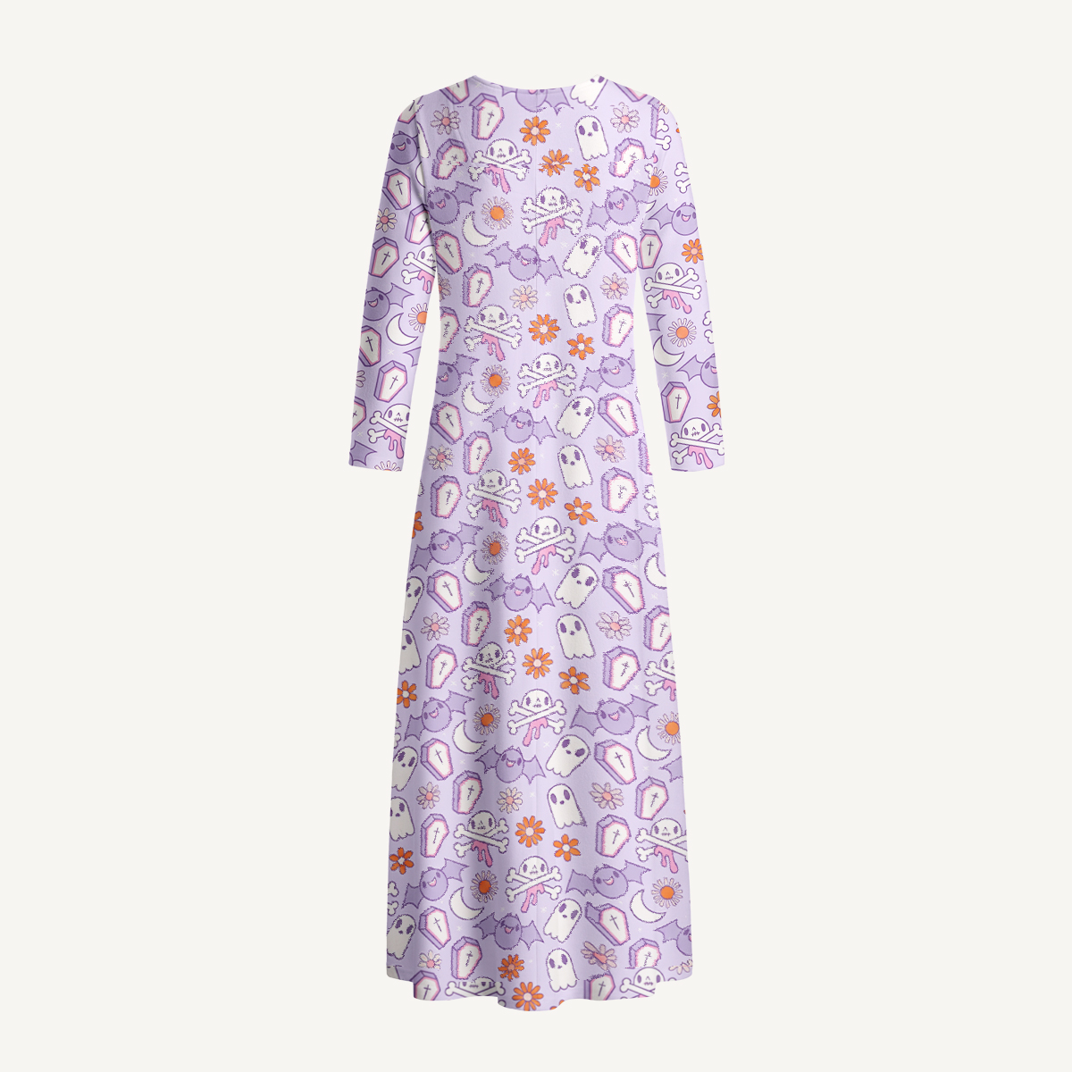Lavender Ghost Garden Halloween Boho Long Sleeve Maxi Dress with Pockets