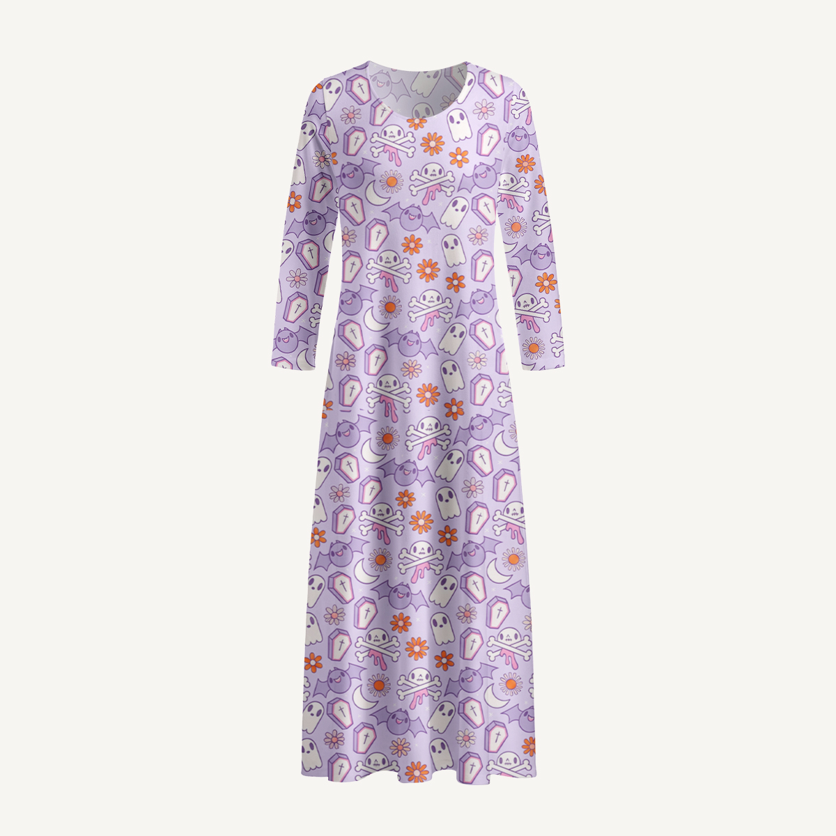 Lavender Ghost Garden Halloween Boho Long Sleeve Maxi Dress with Pockets
