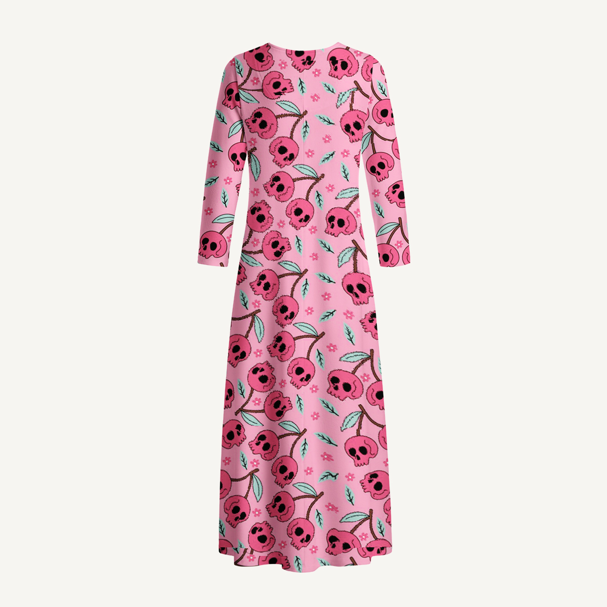 Pink Skull Blossom Halloween Long Sleeve Maxi Dress with Pockets