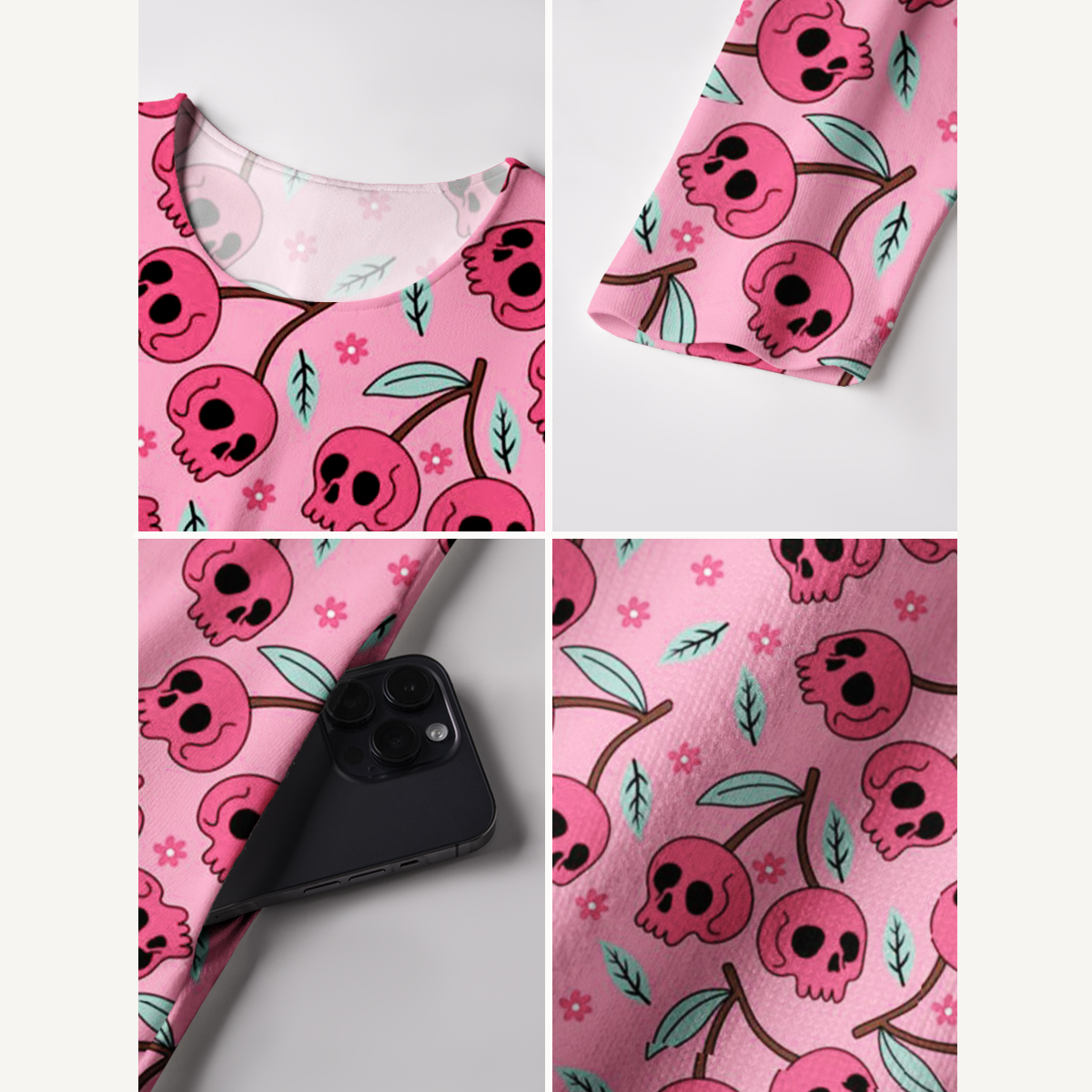 Pink Skull Blossom Halloween Long Sleeve Maxi Dress with Pockets