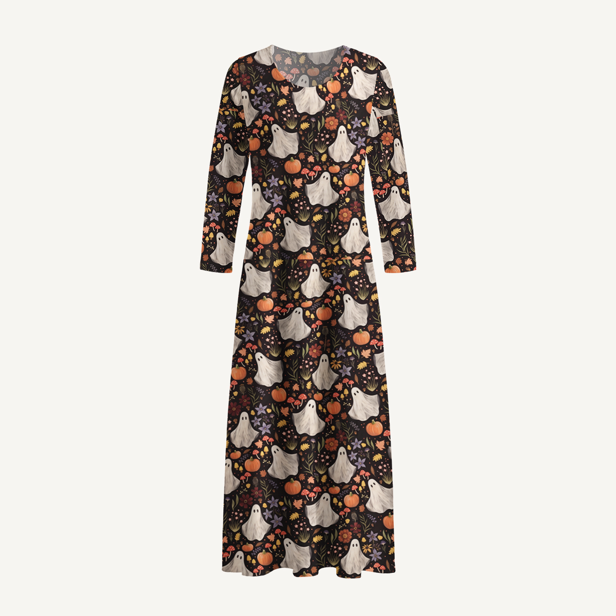 Midnight Pumpkin Ghost Garden Halloween Long Sleeve Maxi Dress with Pockets