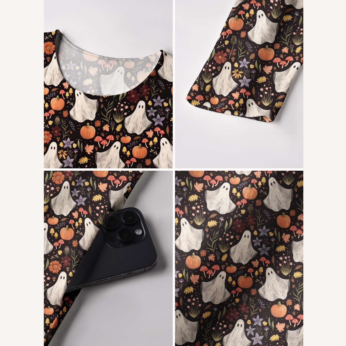 Midnight Pumpkin Ghost Garden Halloween Long Sleeve Maxi Dress with Pockets