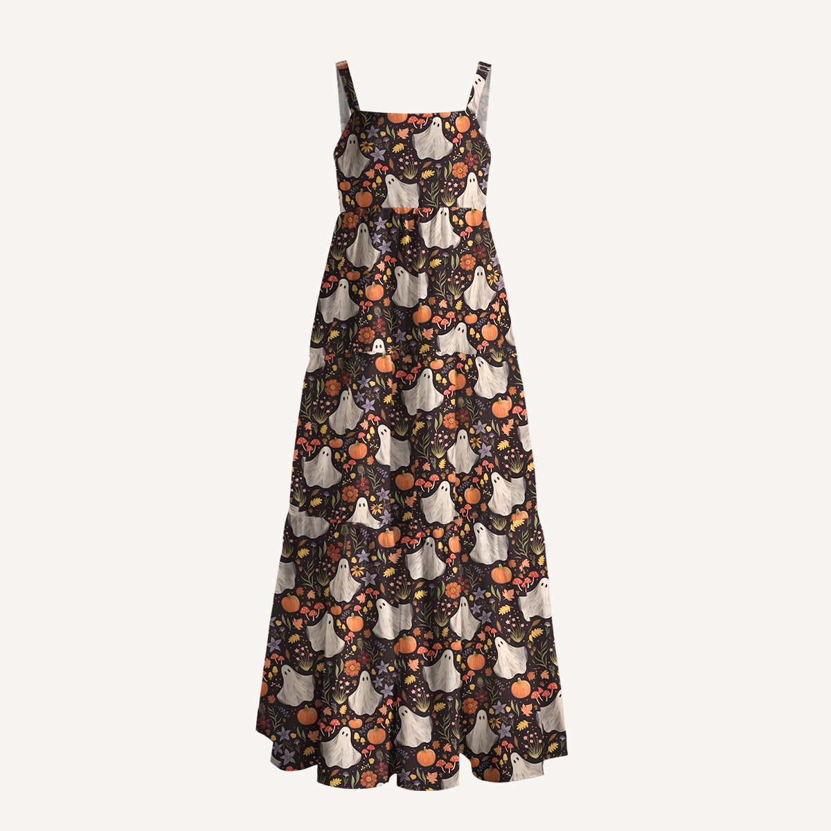 Midnight Pumpkin Ghost Garden Halloween Strap Maxi Dress With Pockets