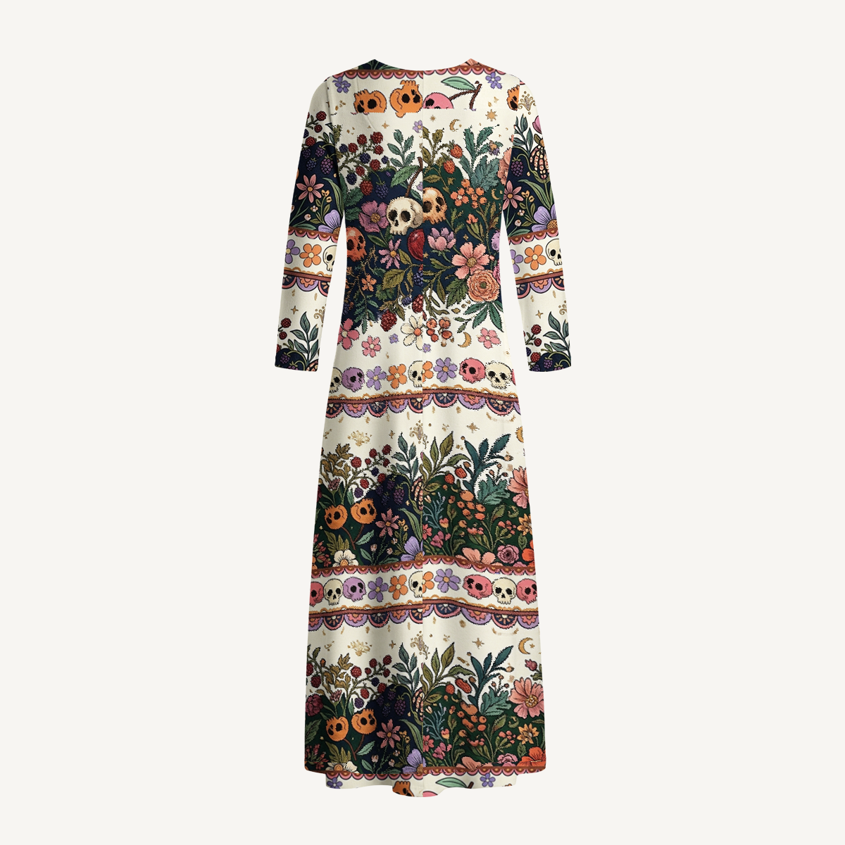 Boho Halloween Garden Skulls Long Sleeve Maxi Dress with Pockets