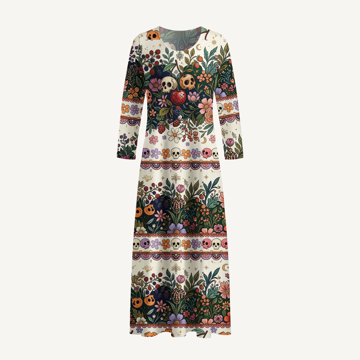 Boho Halloween Garden Skulls Long Sleeve Maxi Dress with Pockets