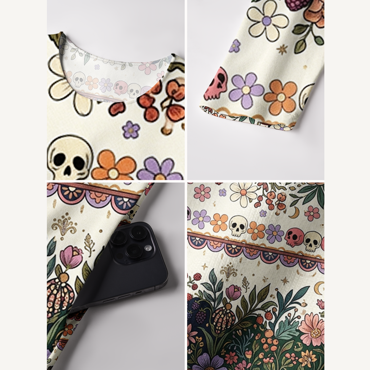 Boho Halloween Garden Skulls Long Sleeve Maxi Dress with Pockets