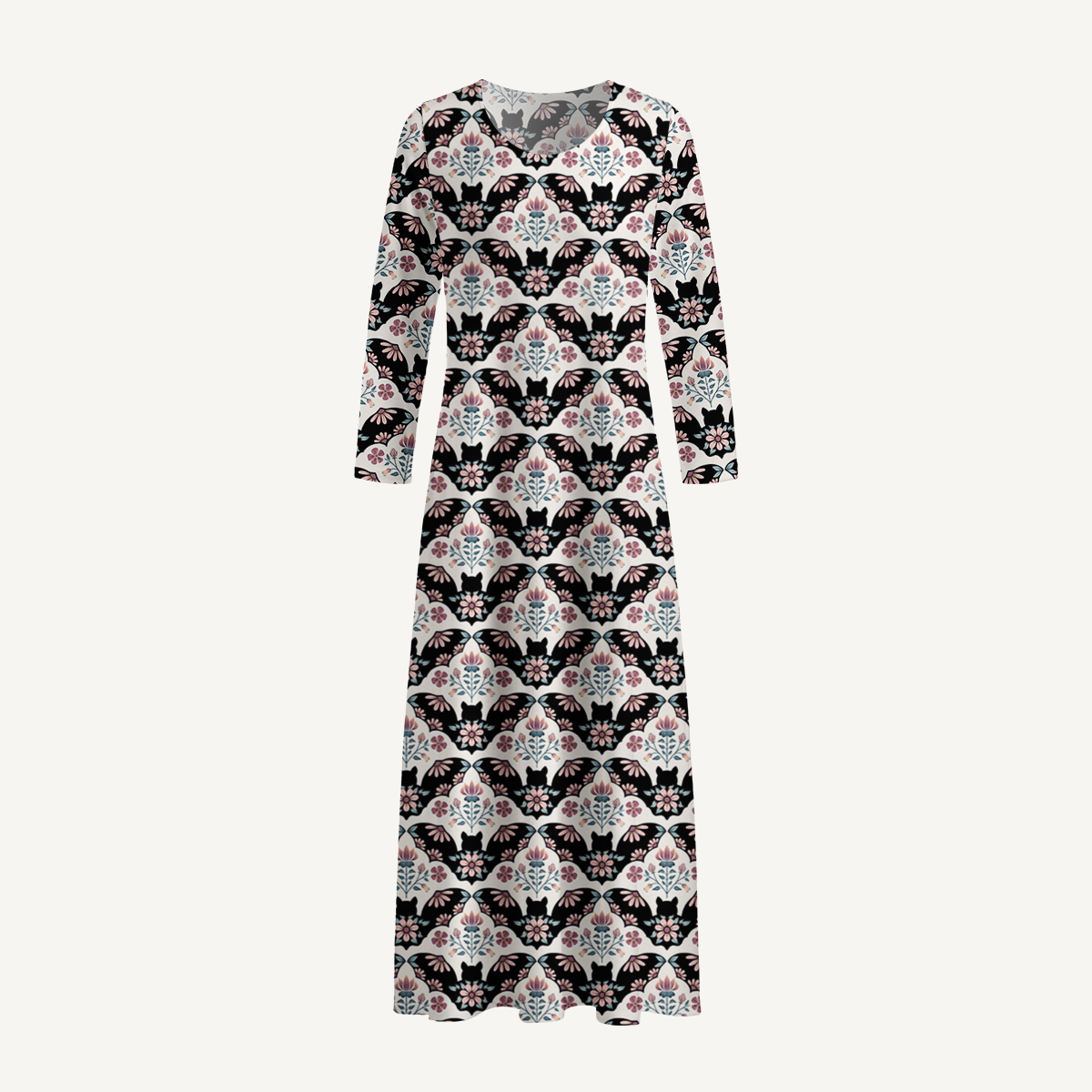 Halloween Bat Garden Damask Boho Long Sleeve Maxi Dress with Pockets