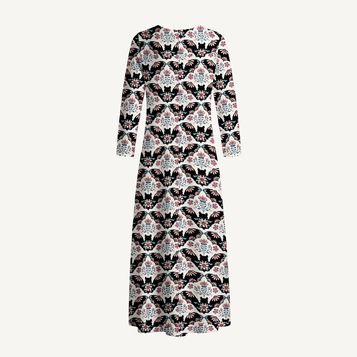 Halloween Bat Garden Damask Boho Long Sleeve Maxi Dress with Pockets