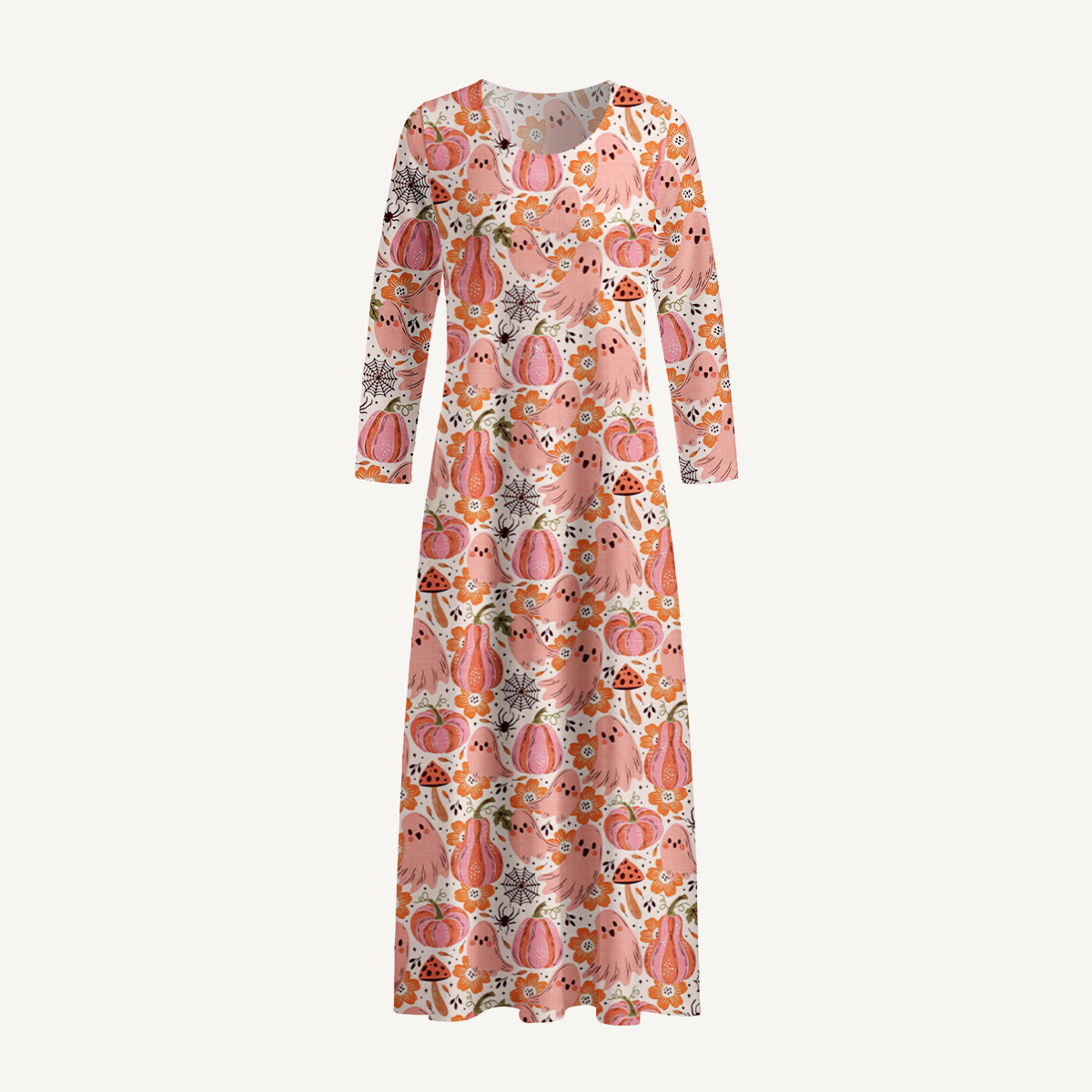 Pink Pumpkin Ghost Party Boho Long Sleeve Maxi Dress with Pockets