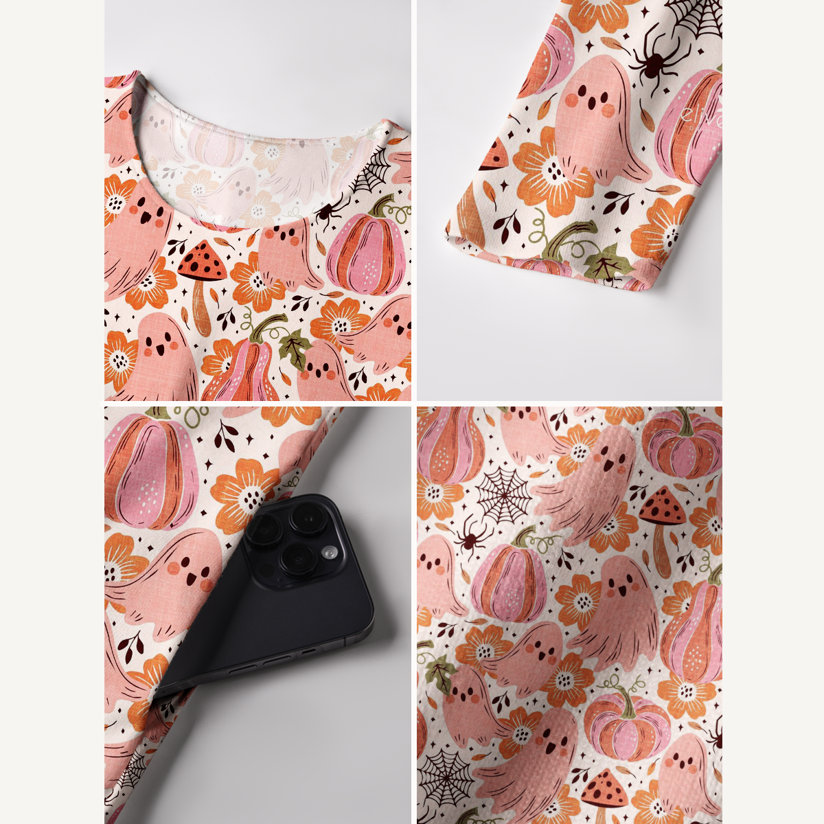 Pink Pumpkin Ghost Party Boho Long Sleeve Maxi Dress with Pockets