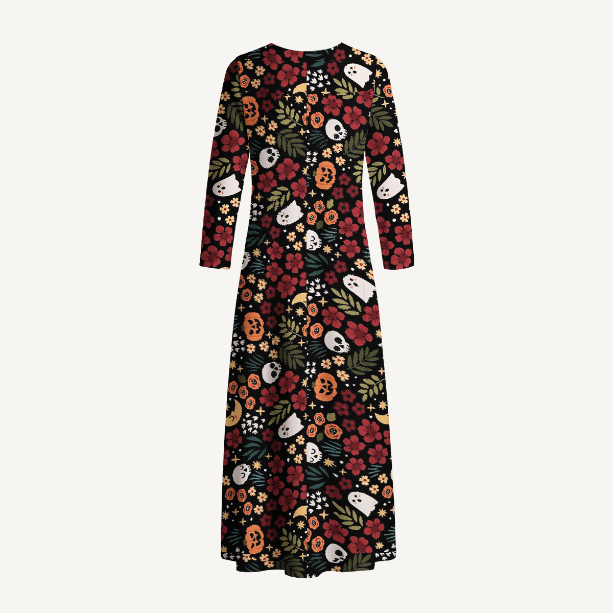 Halloween Floral Night Parade Boho Long Sleeve Maxi Dress with Pockets